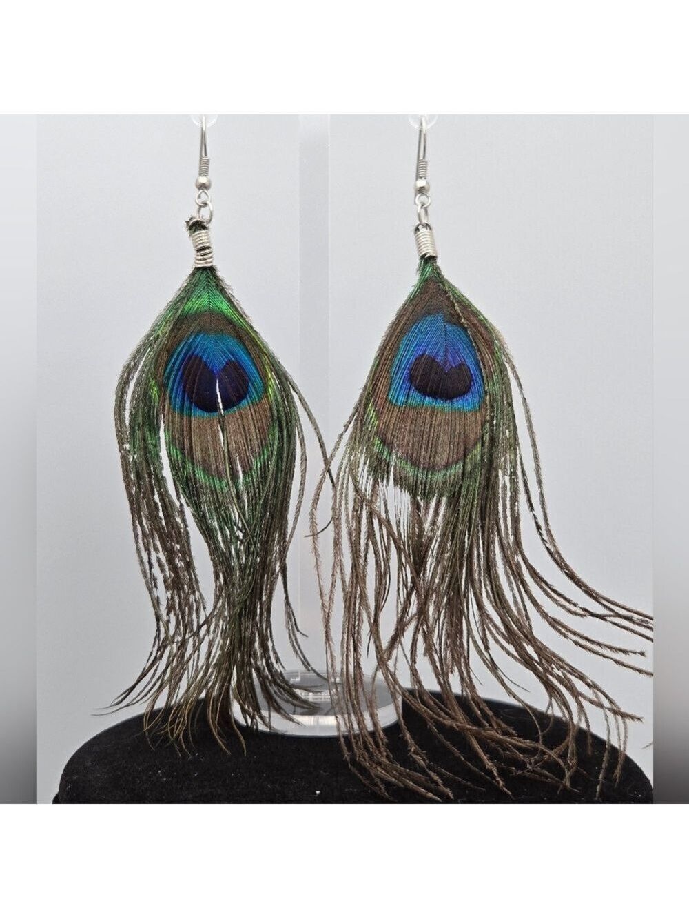 Handmade Peacock Feather Dangle Earrings Boho Style 4”